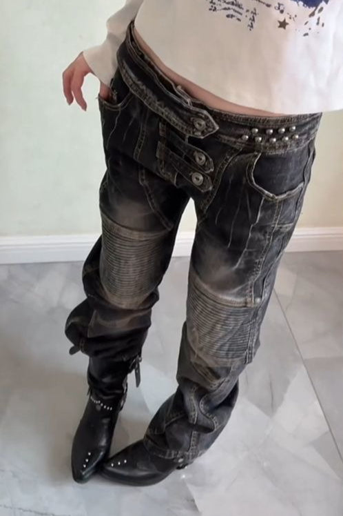 Layered Panel Washed Straight Leg Jeans