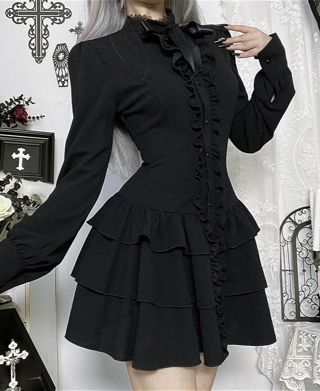 Gothic Black Ruffled Mini Dress