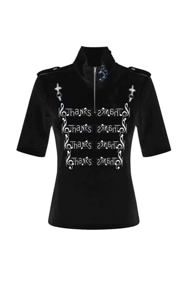 Sheet Music Printed Stand Collar Shoulder Fit T-shirt