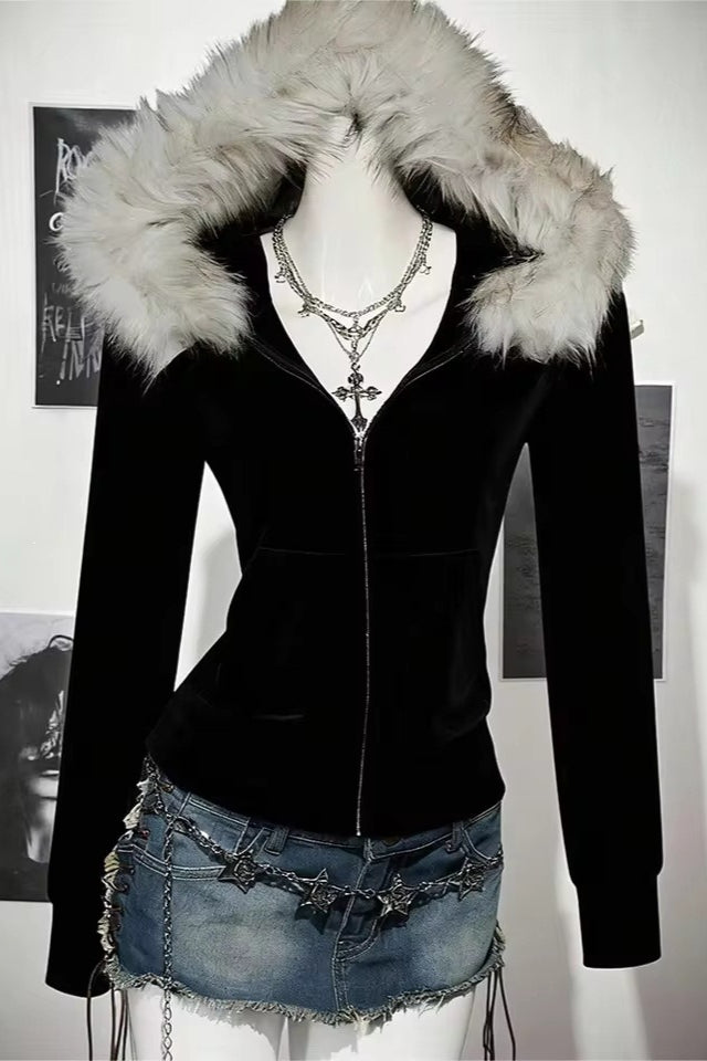 Fitted Contrast Fur Trim Zip Hoodie Secondary image