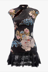 Oriental Dark Floral Lace Mini Dress