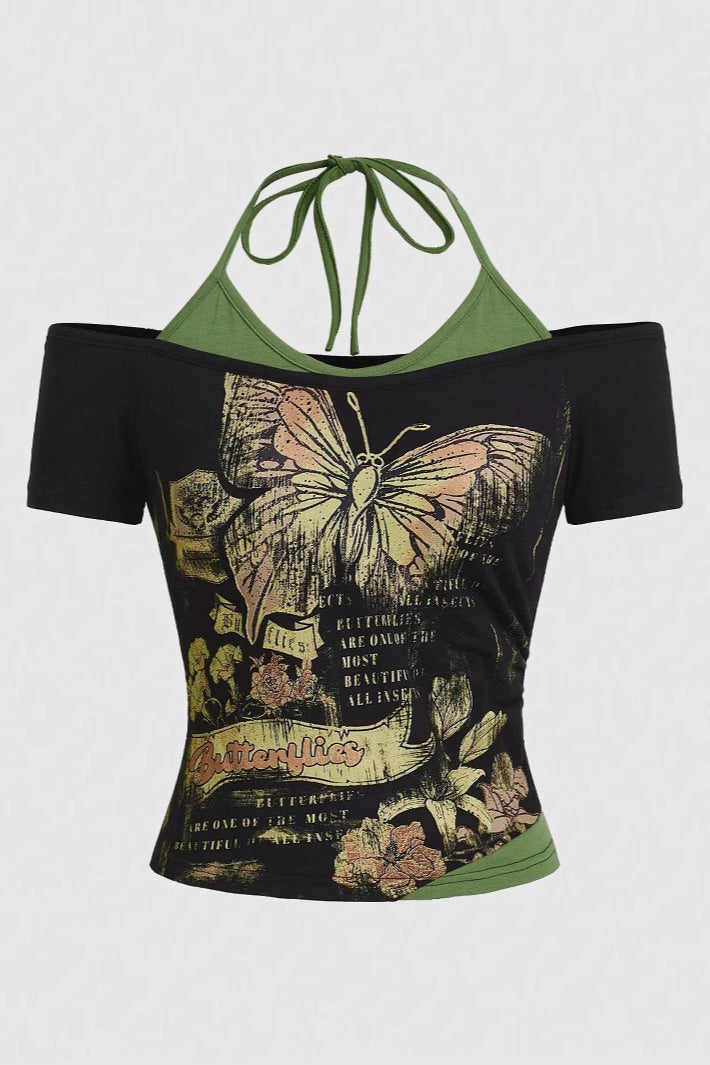 Y2K Retro Butterfly Print Halter T-Shirt Main image