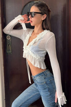 Ruffle Edge Cropped Tie Cardigans