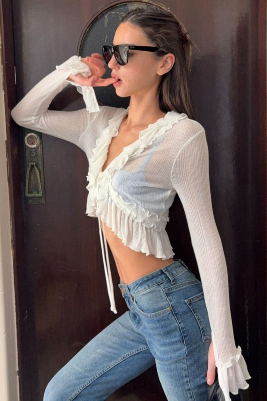 Ruffle Edge Cropped Tie Cardigans