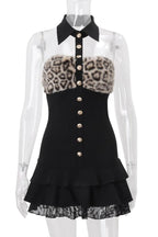 Leopard Trim Collar Halter Mini Dress