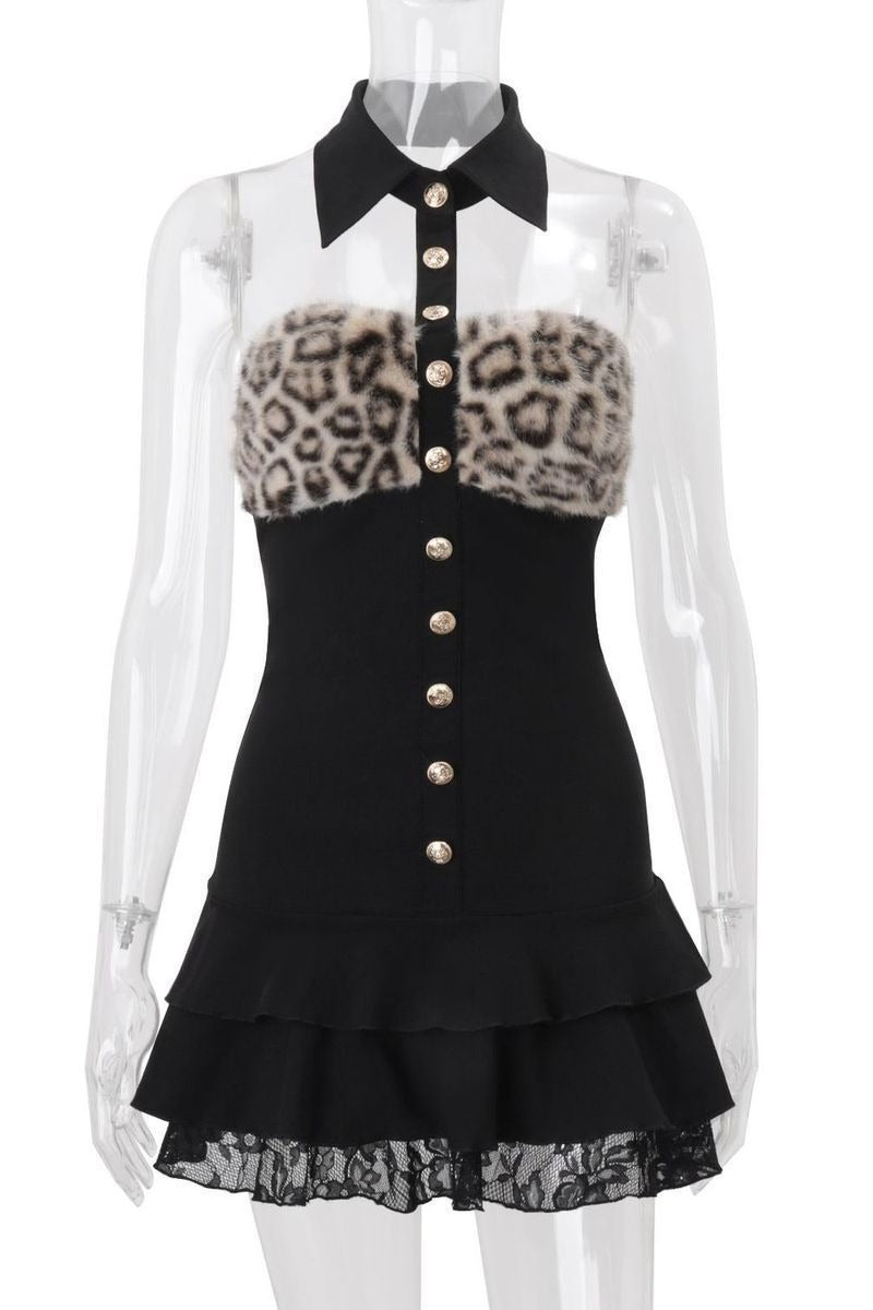 Leopard Trim Collar Halter Mini Dress