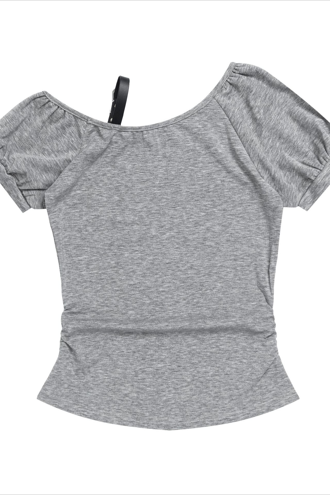 Leather Buckle Ruched Cropped Off Shoulder T-shirt