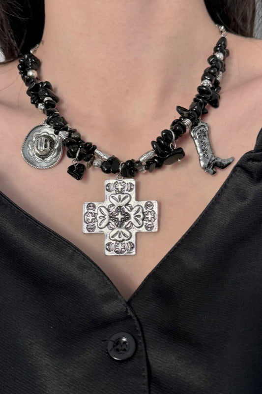 Punk Black Crushed Stone Cross Necklace