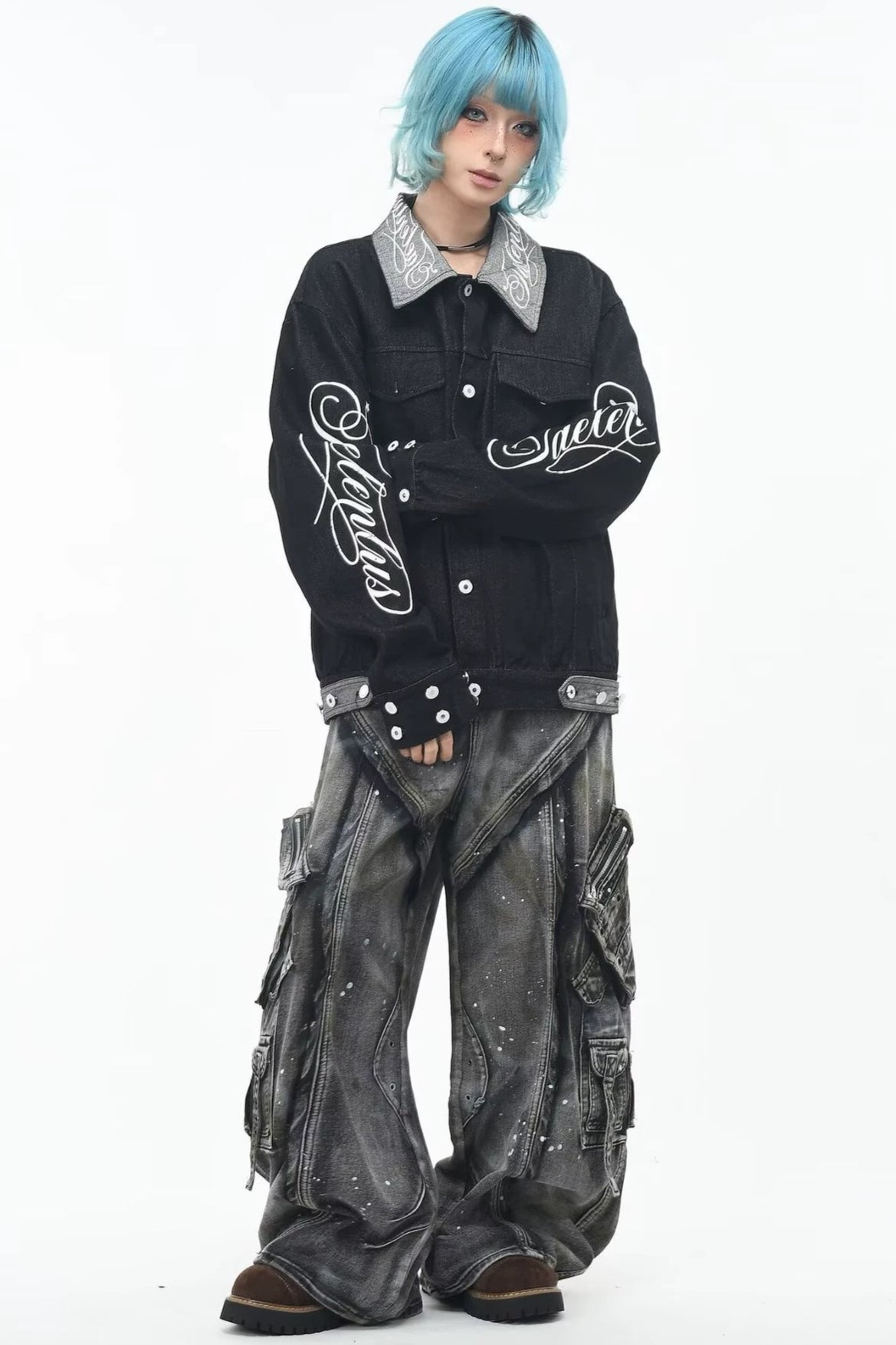 Script Print Boxy Denim Jacket