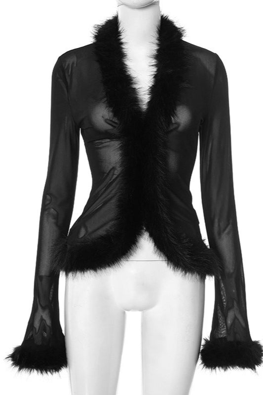 Sheer Mesh Fur Collar Crop Cardigan