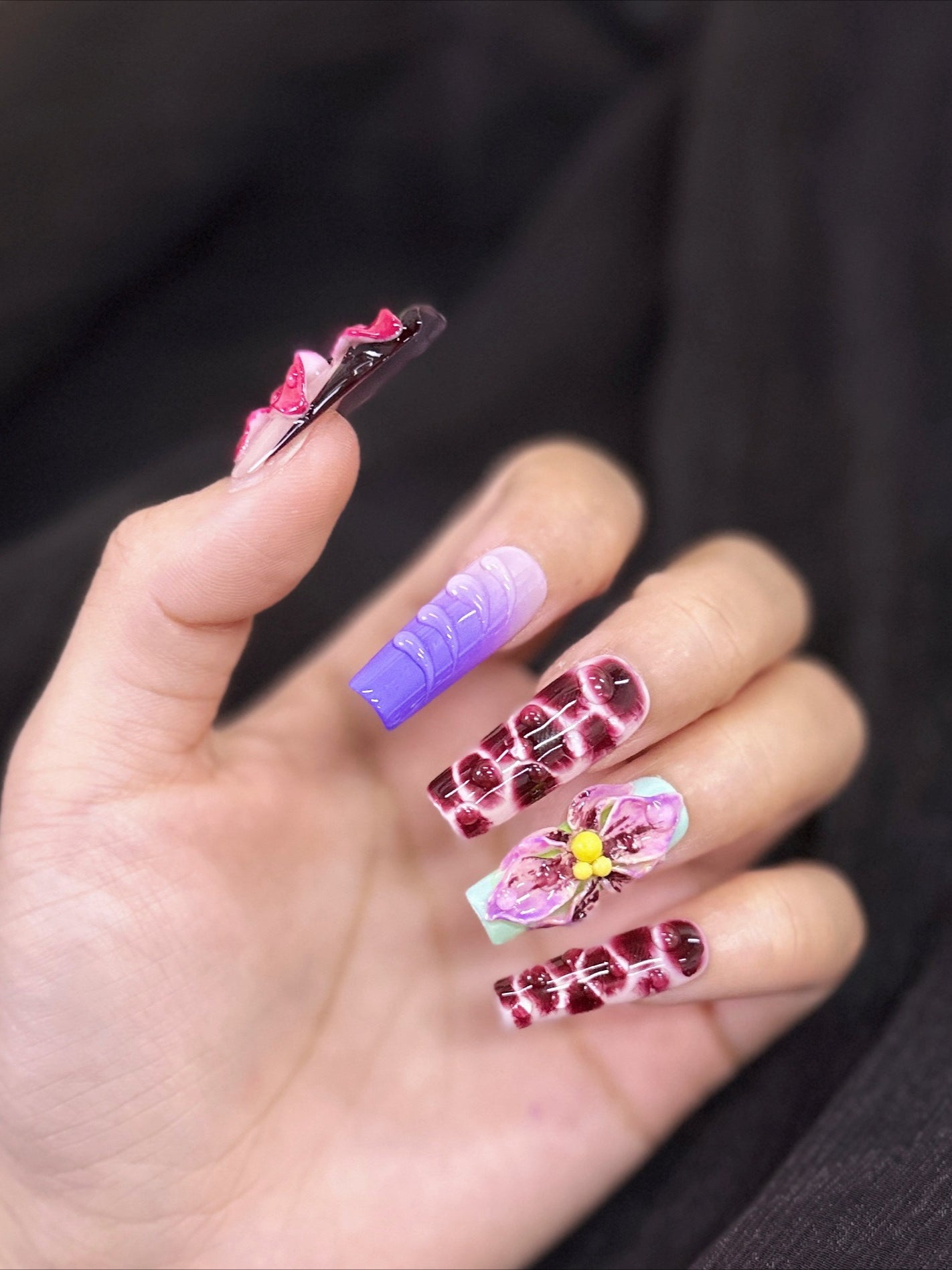 3D Flower Color Block Press On Nails