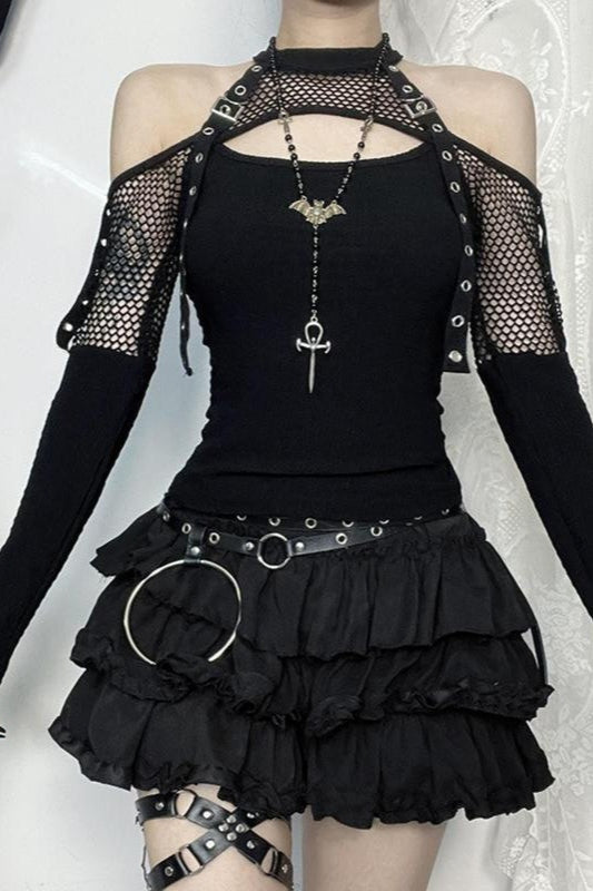 Fishnet Eyelet Cold Shoulder Crop Tops