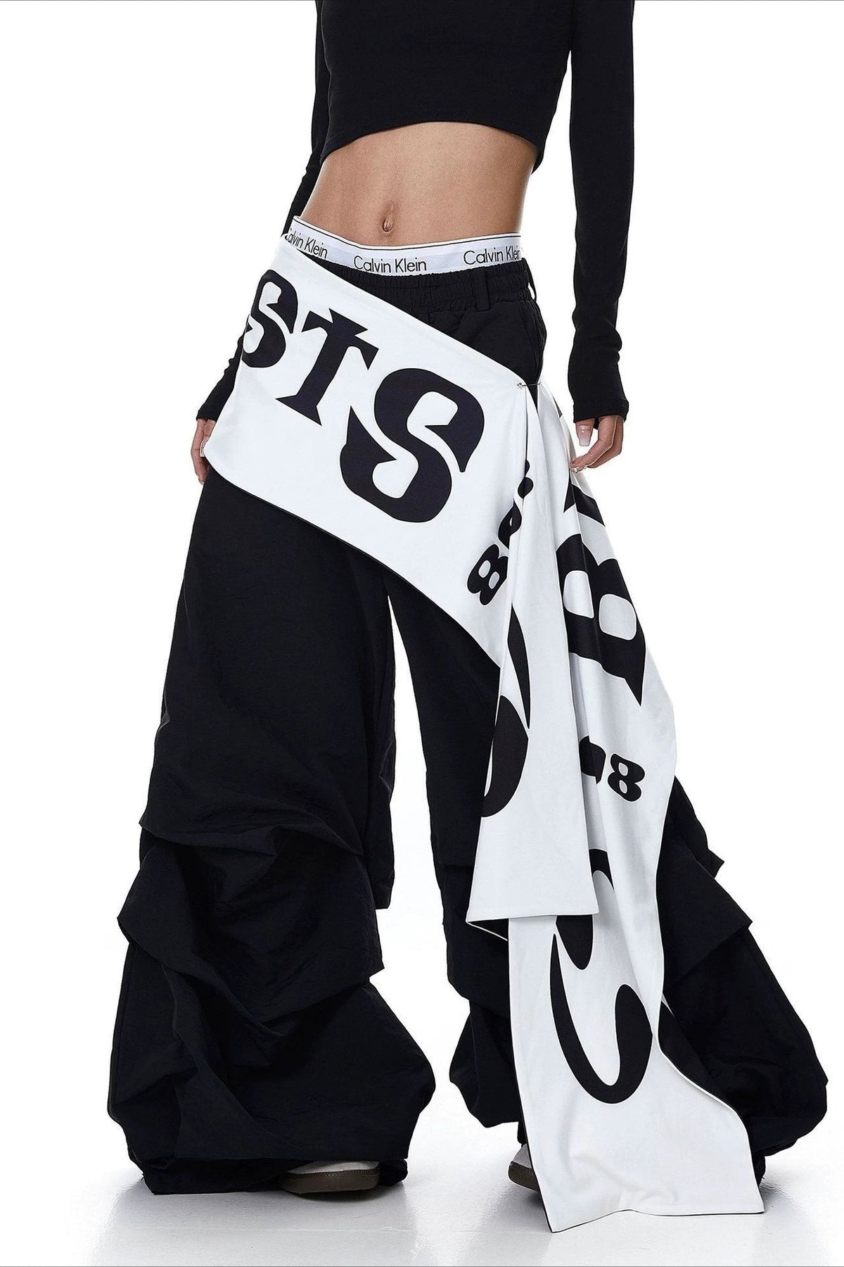 Layered Letter Print Parachute Pants