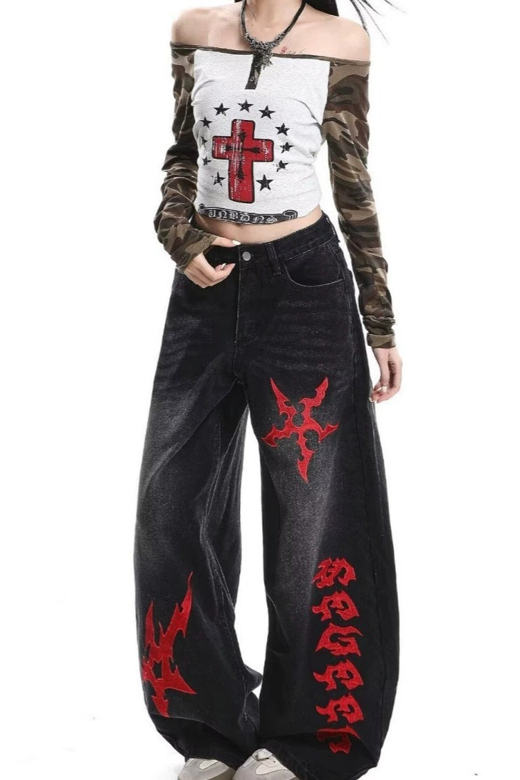 Red Emblem Washed Denim Pants