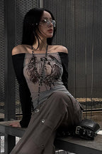 Mesh Knit Patchwork Off Shoulder Printed Mesh Top