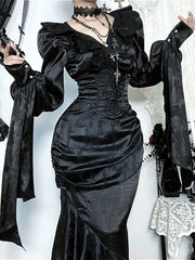 Ruffle Gothic V Neck Long Sleeve Blouse