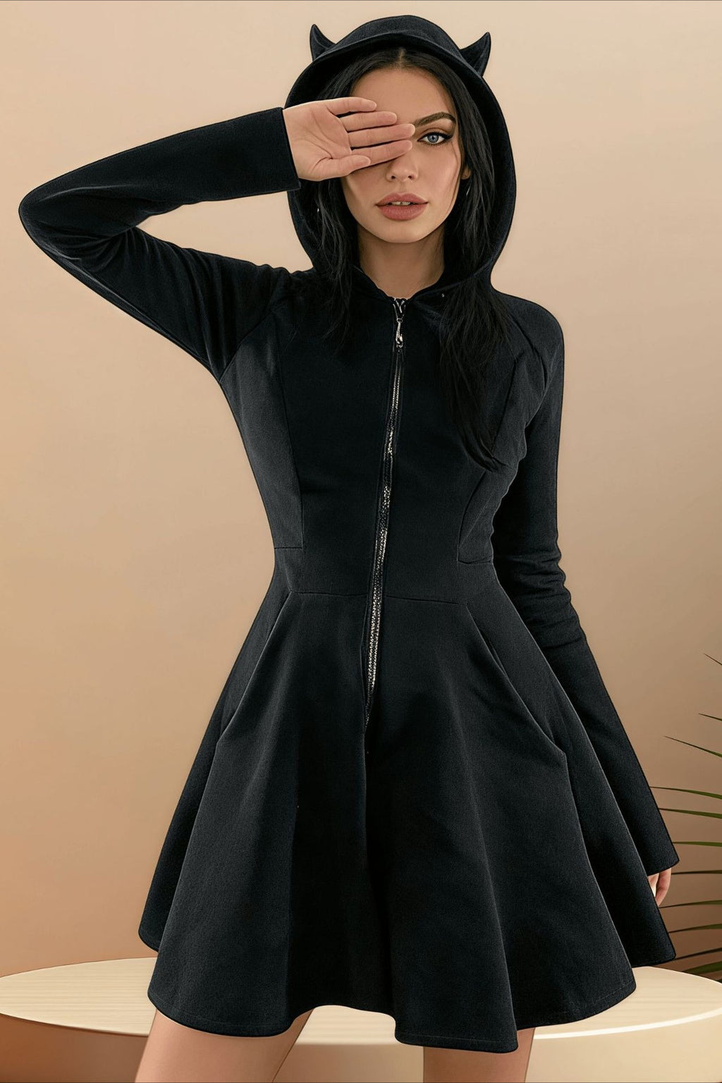 Cat Ear Hood Zip Mini Dress