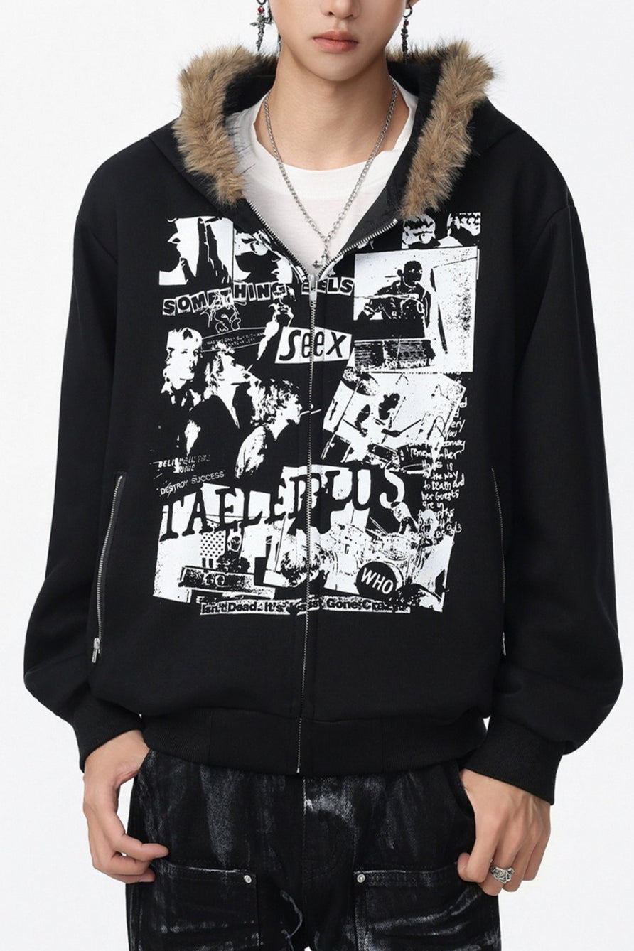 Graphic Panel Fluffy Trim Hoodies