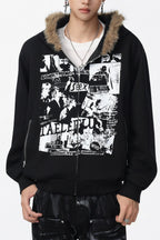 Graphic Panel Fluffy Trim Hoodies