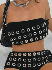 Edgy Cool Eyelet Detail Strapless Bandeau Crop Top