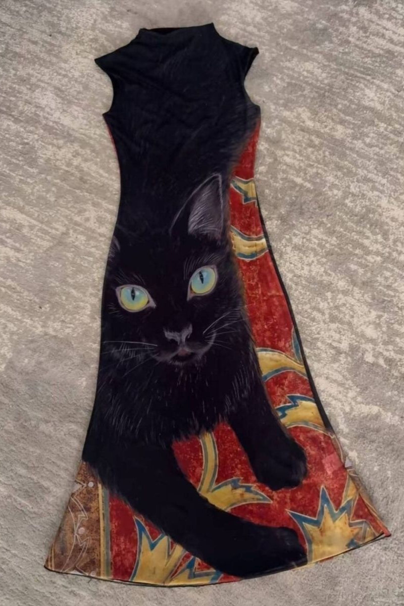 Black Cat Print Sleeveless Dress Main image