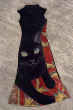 Black Cat Print Sleeveless Dress