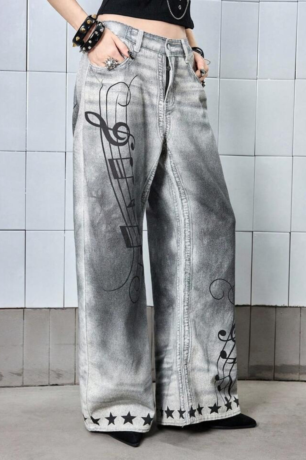 Music Note Washed Denim Bermuda Shorts