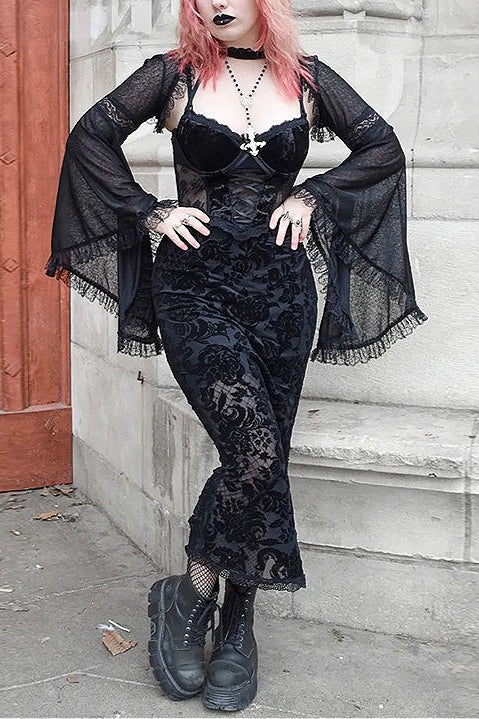 Dark Style Lace Trim Bell Sleeve Coat