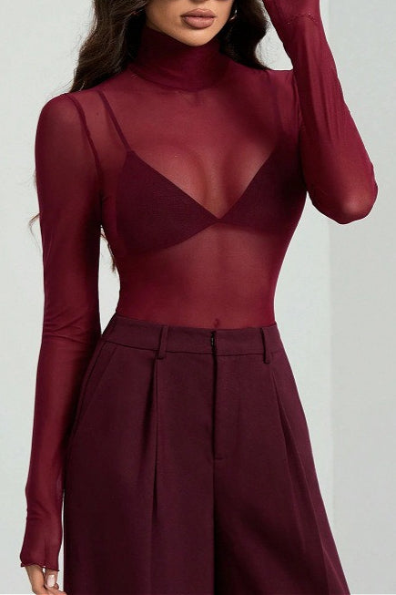 Solid Mandarin Collar Mesh Top Secondary image