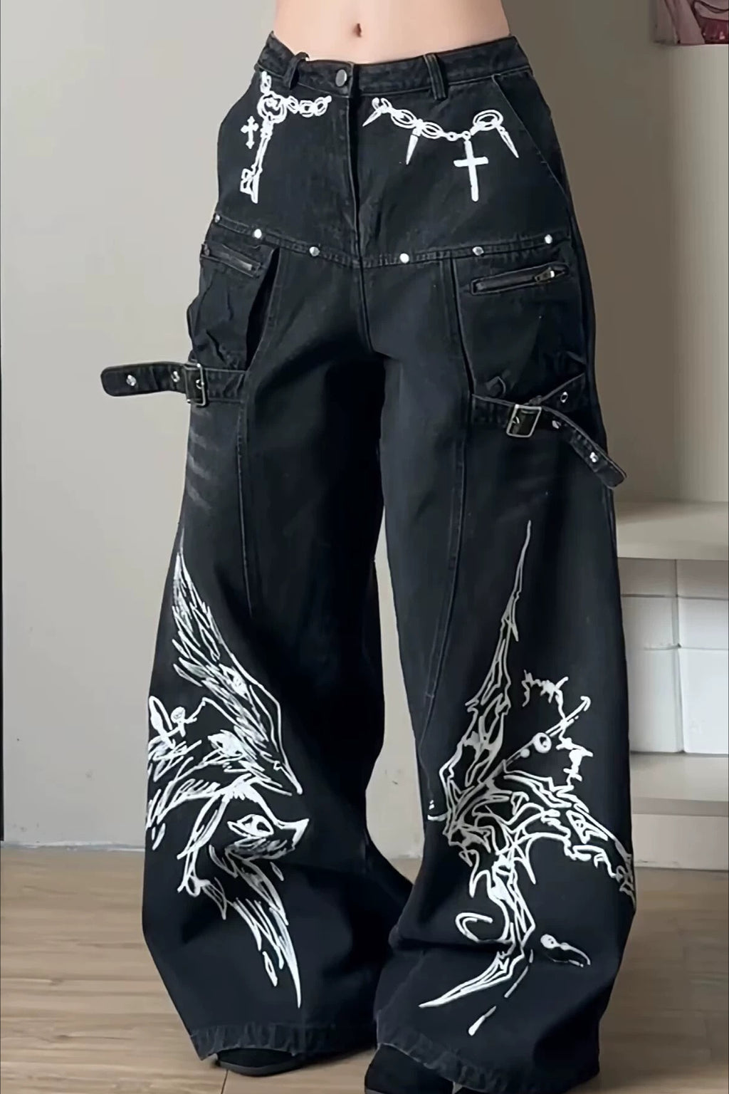 Chain Print Wide Leg Denim Pants