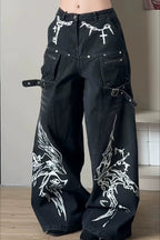 Chain Print Wide Leg Denim Pants