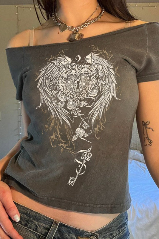Y2K Wing Graphic Off-Shoulder T-Shirt Main image