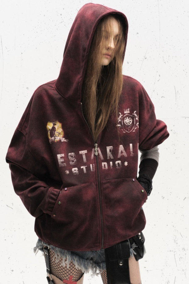Mottled Graphic Zip Up Hoodies