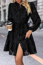 Button Front Floral Lace Tie Waist Dress