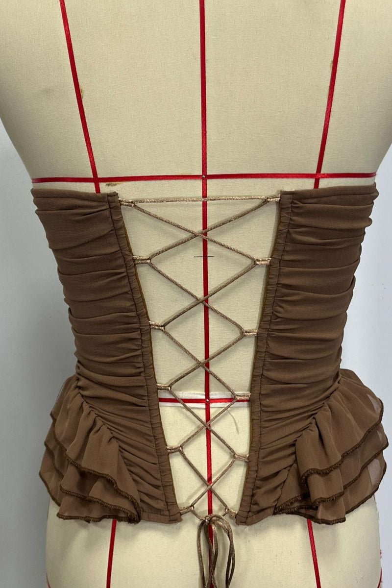 Apricot Ruffled Strapless Lace Up Corset