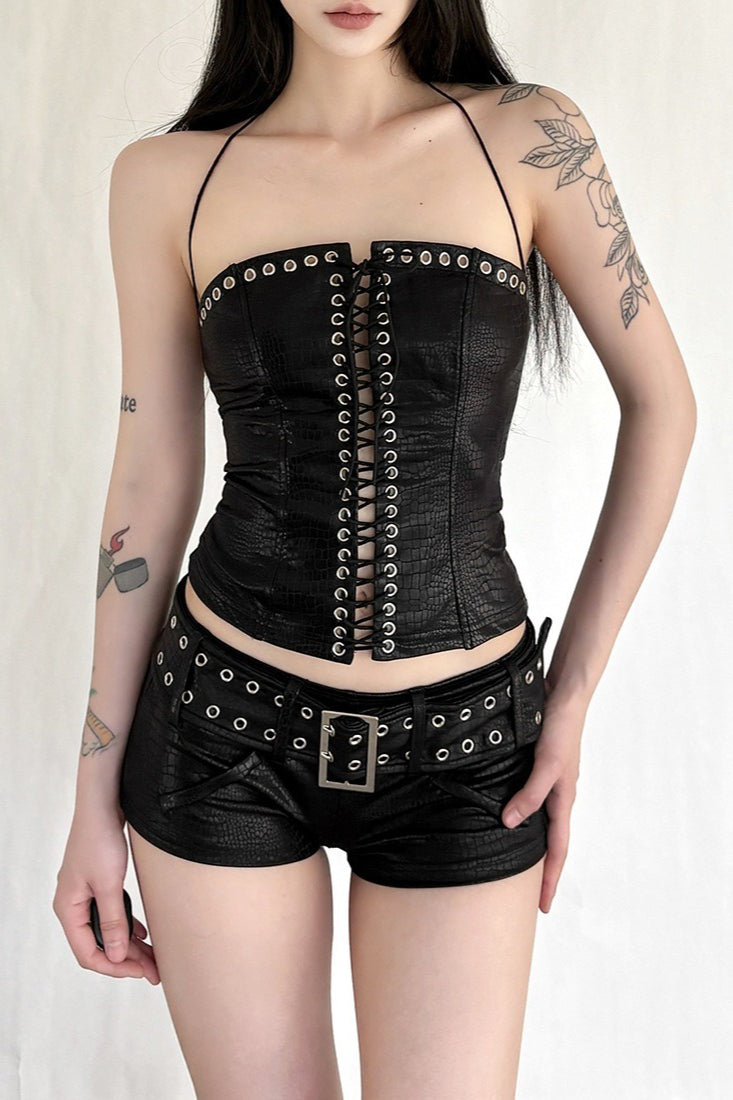 Eyelet Trim Halter Shorts Sets
