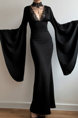 Gothic Batwing Sleeve Lace Backless Maxi Dress