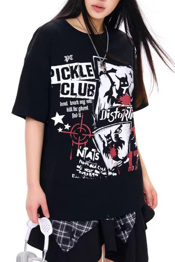 Edgy Gothic Print Loose Fit Student T-shirt