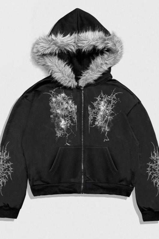 Thorn Graphic Grey Fur Trim Zip Hoodie Main image