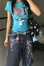 Blue Cotton Retro Printed Sweet Cool T-shirt