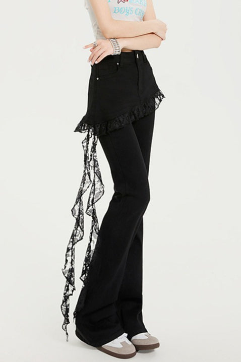 Lace Trim Layered Denim Pants