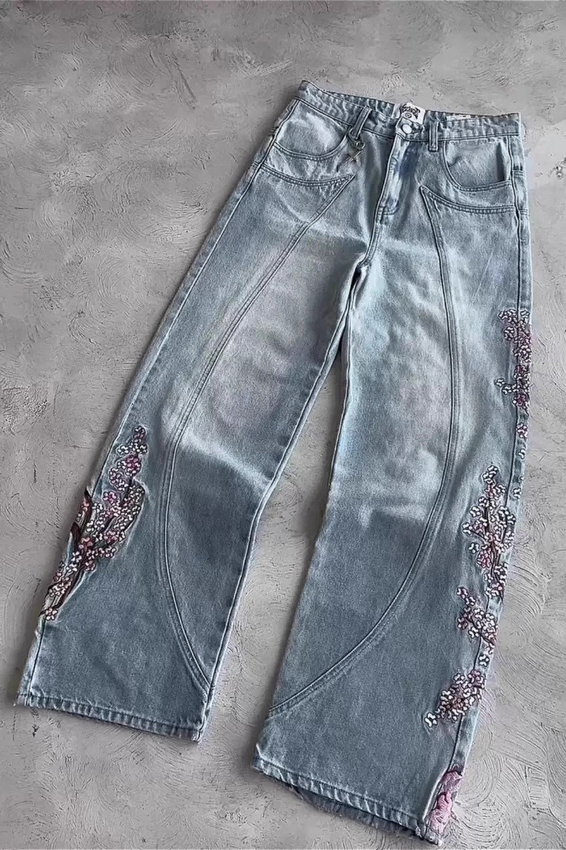 Y2K Cherry Blossom Embroidery Wide Leg Pants