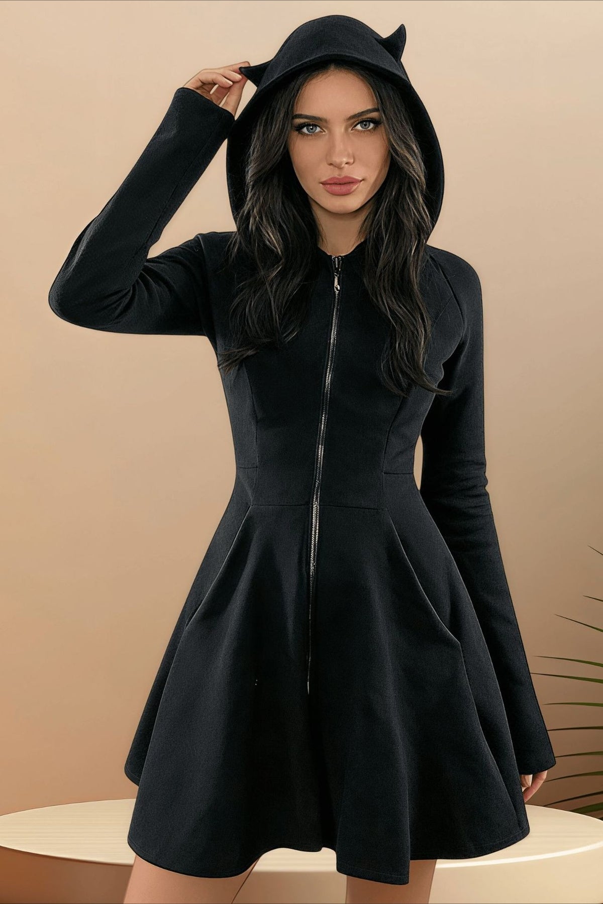 Cat Ear Hood Zip Mini Dress