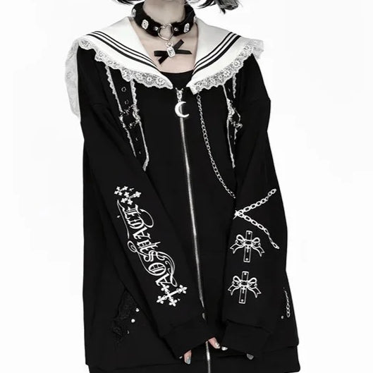 Printed Sailor Collar Oversized Jacket Main image