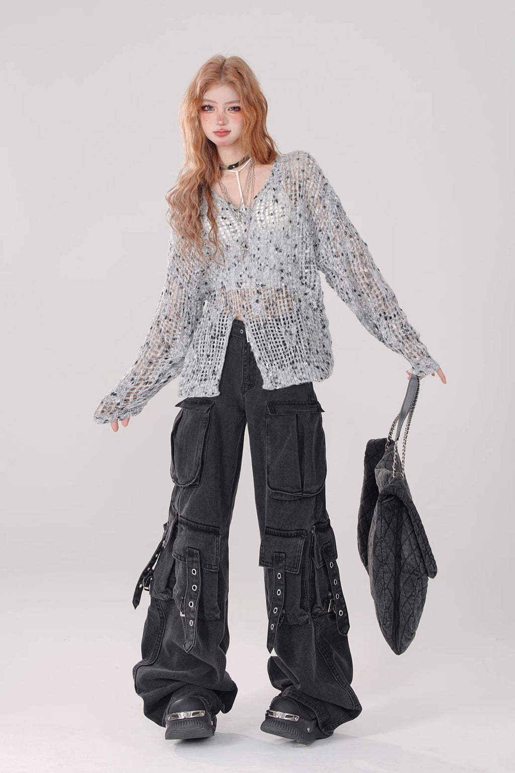 Multi Pocket Strap Wide Leg Cargo Jeans