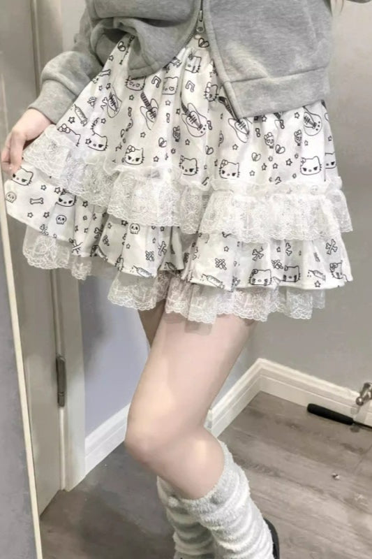 Y2K Dark Print Lace Ruffle Mini Skirt Main image