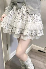 Y2K Dark Print Lace Ruffle Mini Skirt