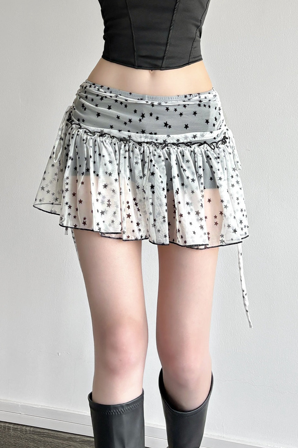 Starry Print Mesh Ruched Low-Rise A-Line Skirt Main image