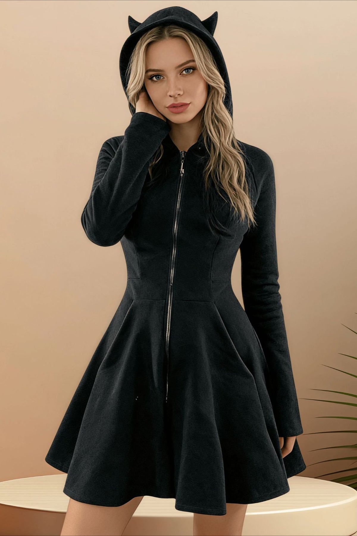 Cat Ear Hood Zip Mini Dress