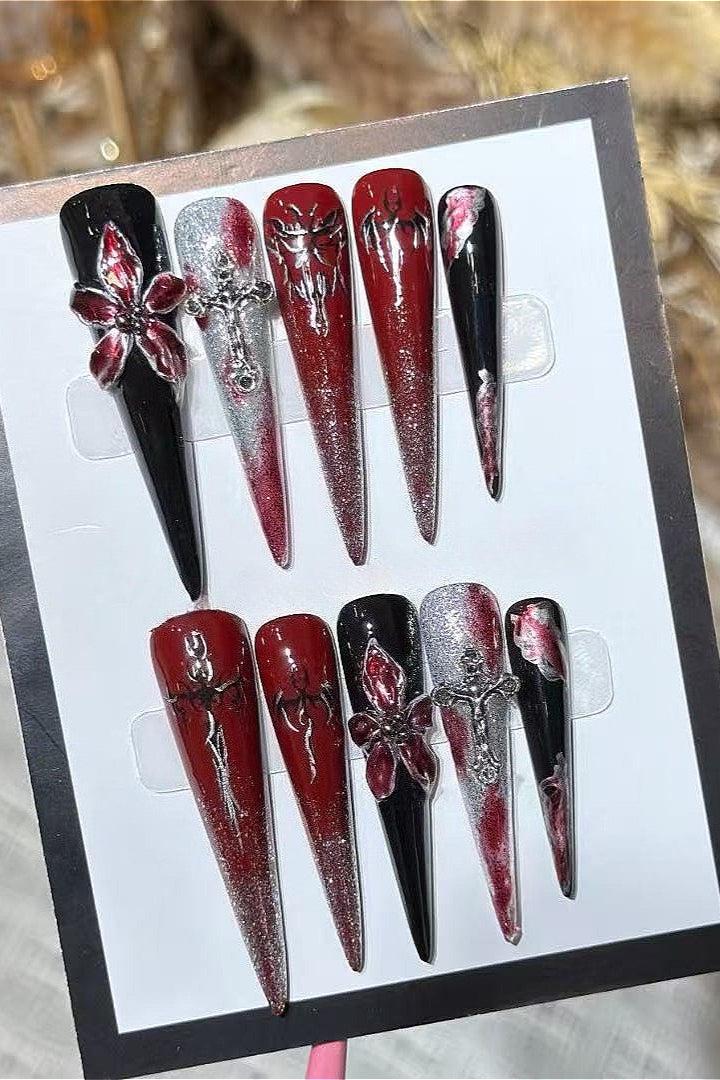 Dark Bloody Carved Cross Press On Nails